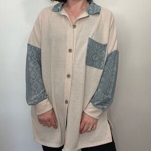 Lovely Melody Button Down Mixed Materials Long Shirt Sz L
